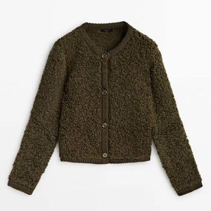Massimo Dutti Boucle Knit Cardigan with button Khaki